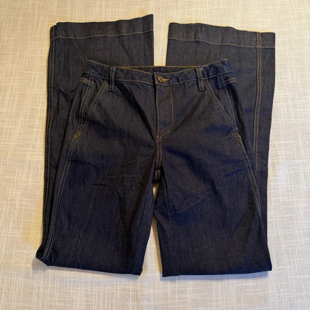 Tory Burch Dark Wash Wide Leg Denim Jeans Gold Logo Size 26 Indigo Stretch